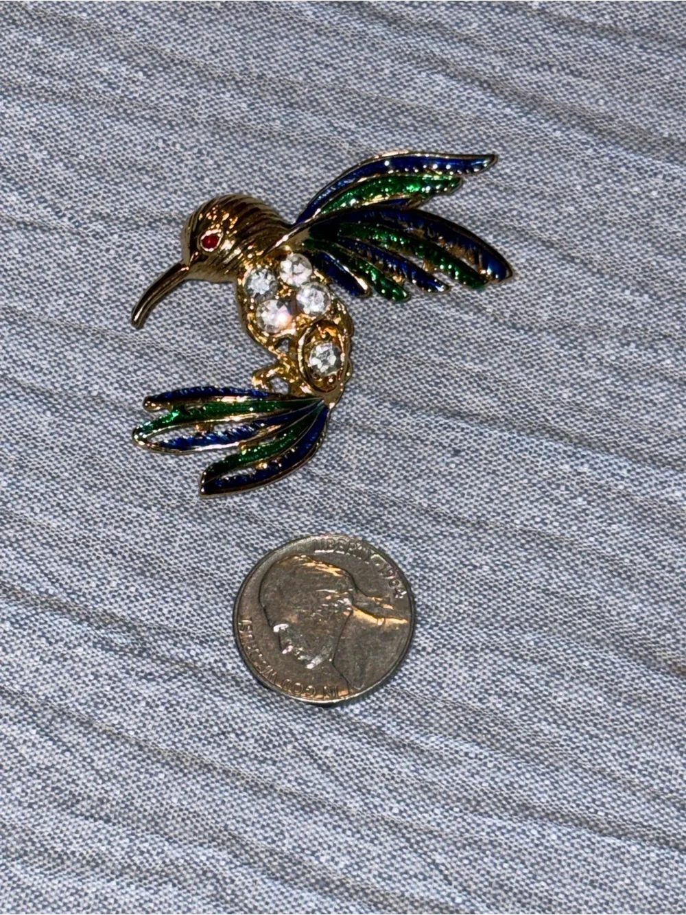 Gold-tone Blue & Green Hummingbird Bird Pin Brooch